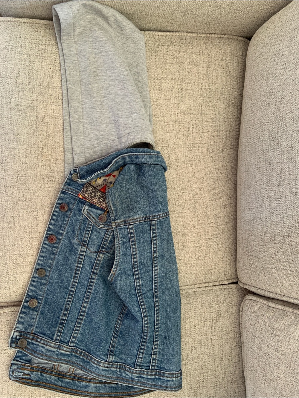 Denim sleeveless Jacket with Grey Hood and Embroidered Trim